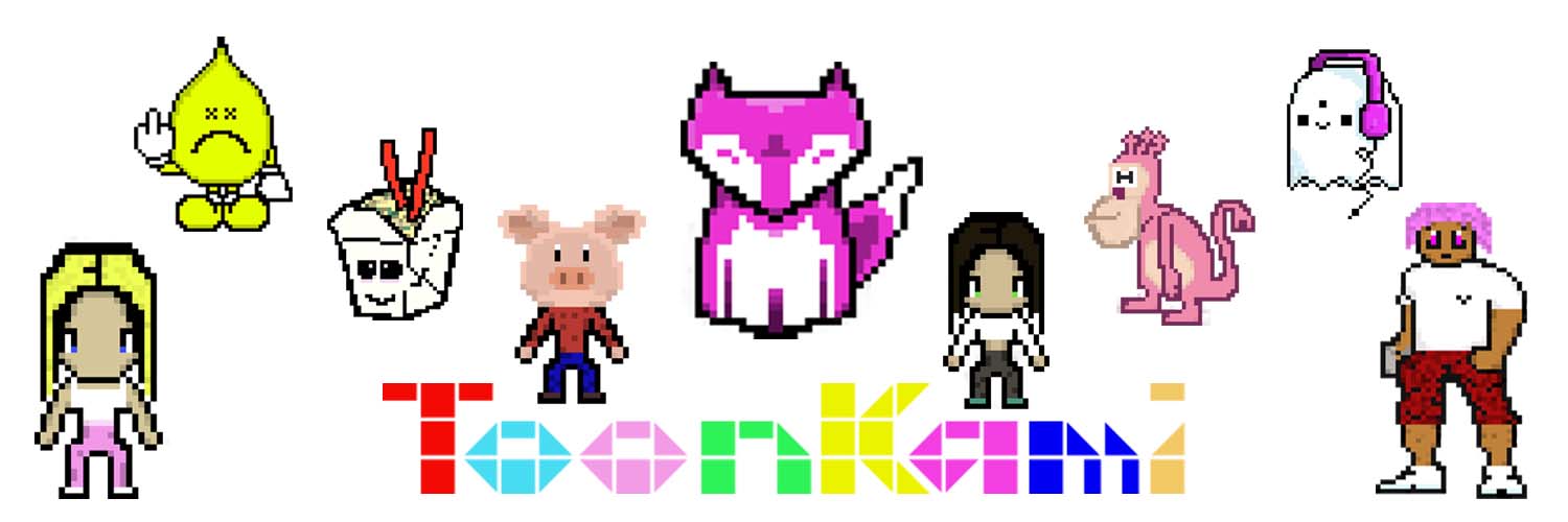 The ToonKami cast: pixel-art characters beside the ToonKami wordmark.